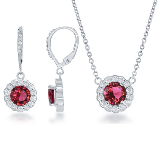 Sterling Silver, July Birthstone w/CZ Border Round Earrings and Necklace Set