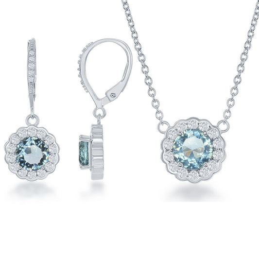 Sterling Silver, December Birthstone w/CZ Border Round Earrings and Necklace Set