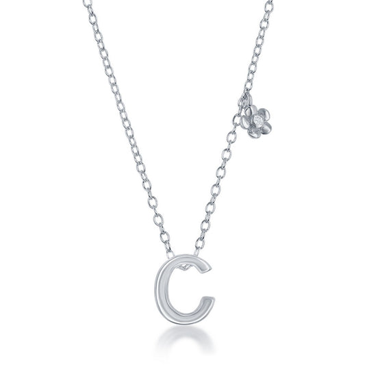 Sterling Silver Shiny "C" with Tiny CZ Flower Necklace and Earrings Set