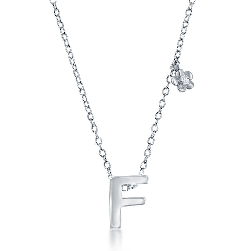 Sterling Silver Shiny "F" with Tiny CZ Flower Necklace and Earrings Set