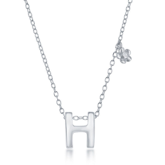 Sterling Silver Shiny "H" with Tiny CZ Flower Necklace and Earrings Set