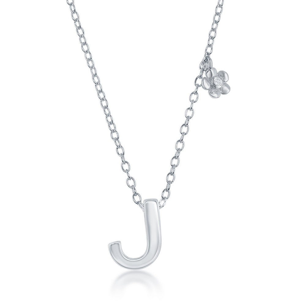 Sterling Silver Shiny "J" with Tiny CZ Flower Necklace and Earrings Set