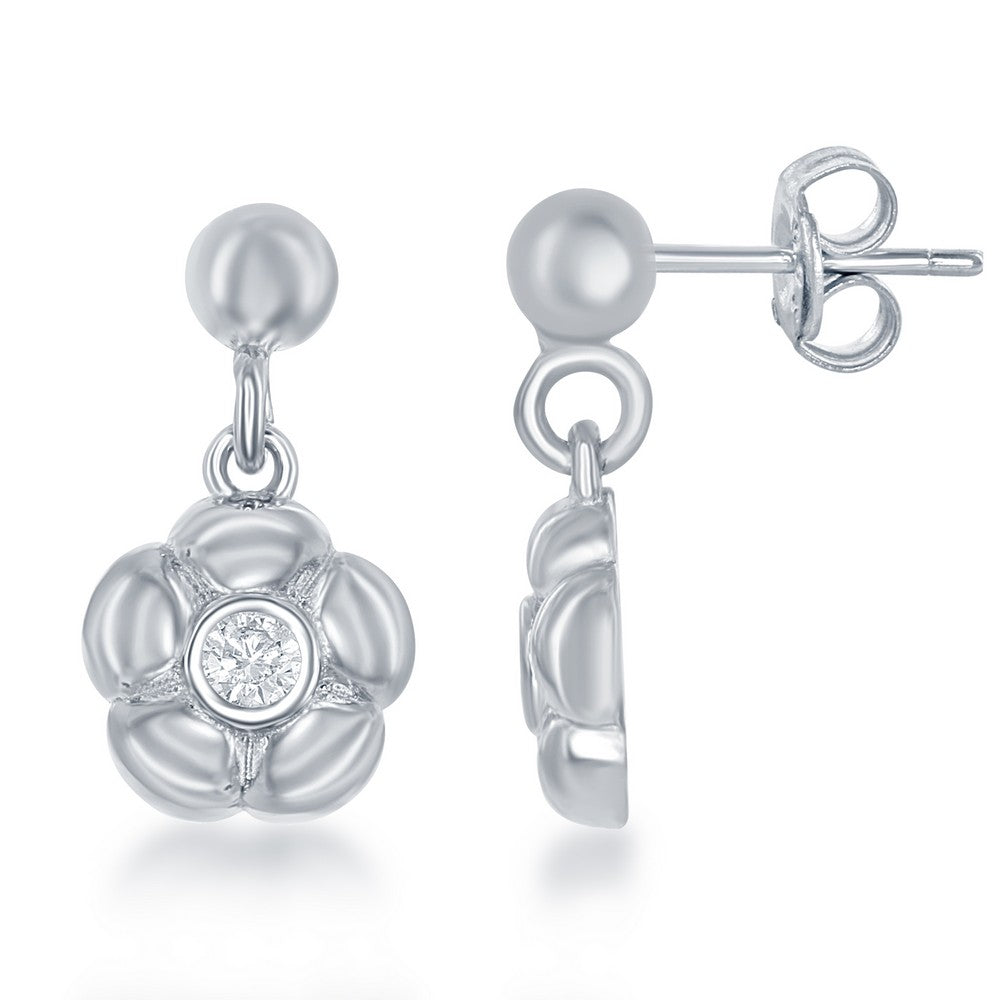 Sterling Silver Shiny "L" with Tiny CZ Flower Necklace and Earrings Set