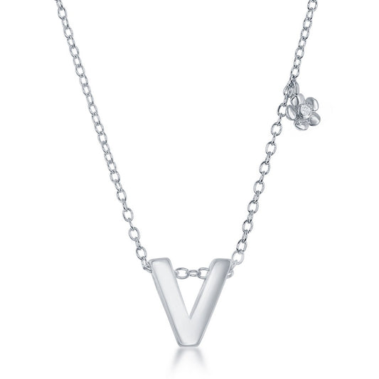 Sterling Silver Shiny "V" with Tiny CZ Flower Necklace and Earrings Set