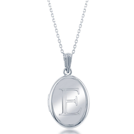 Sterling Silver Shiny Oval with Center "E" Initial Locket W/Chain