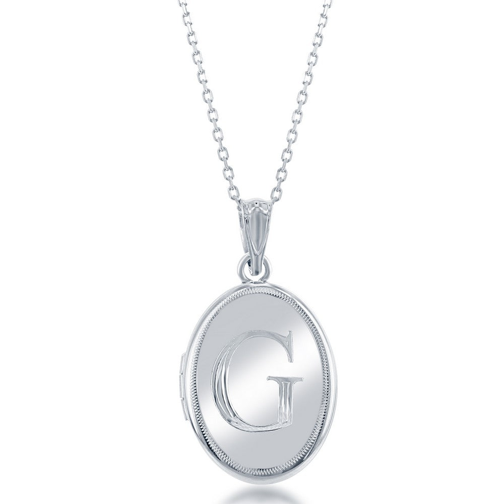 Sterling Silver Shiny Oval with Center "G" Initial Locket W/Chain