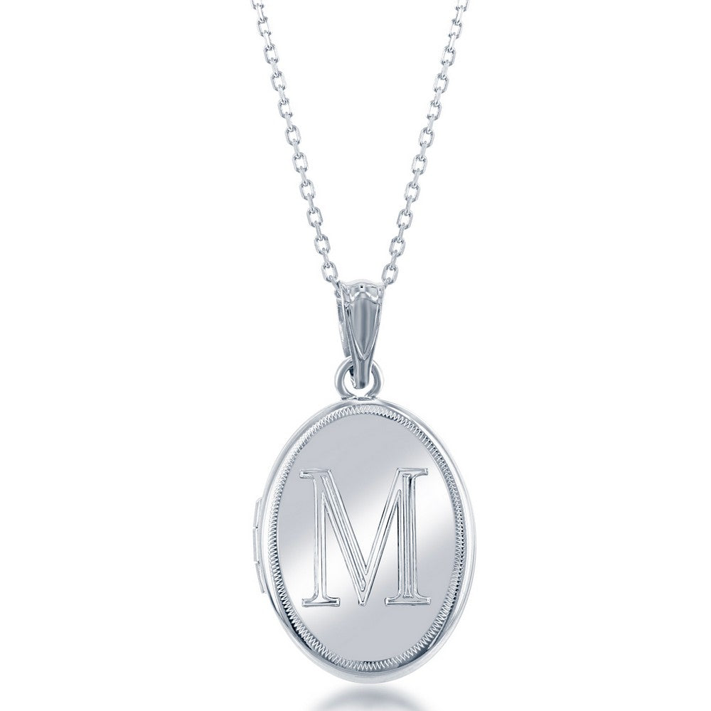 Sterling Silver Shiny Oval with Center "M" Initial Locket W/Chain