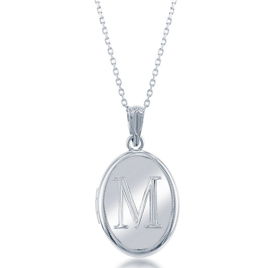 Sterling Silver Shiny Oval with Center "M" Initial Locket W/Chain