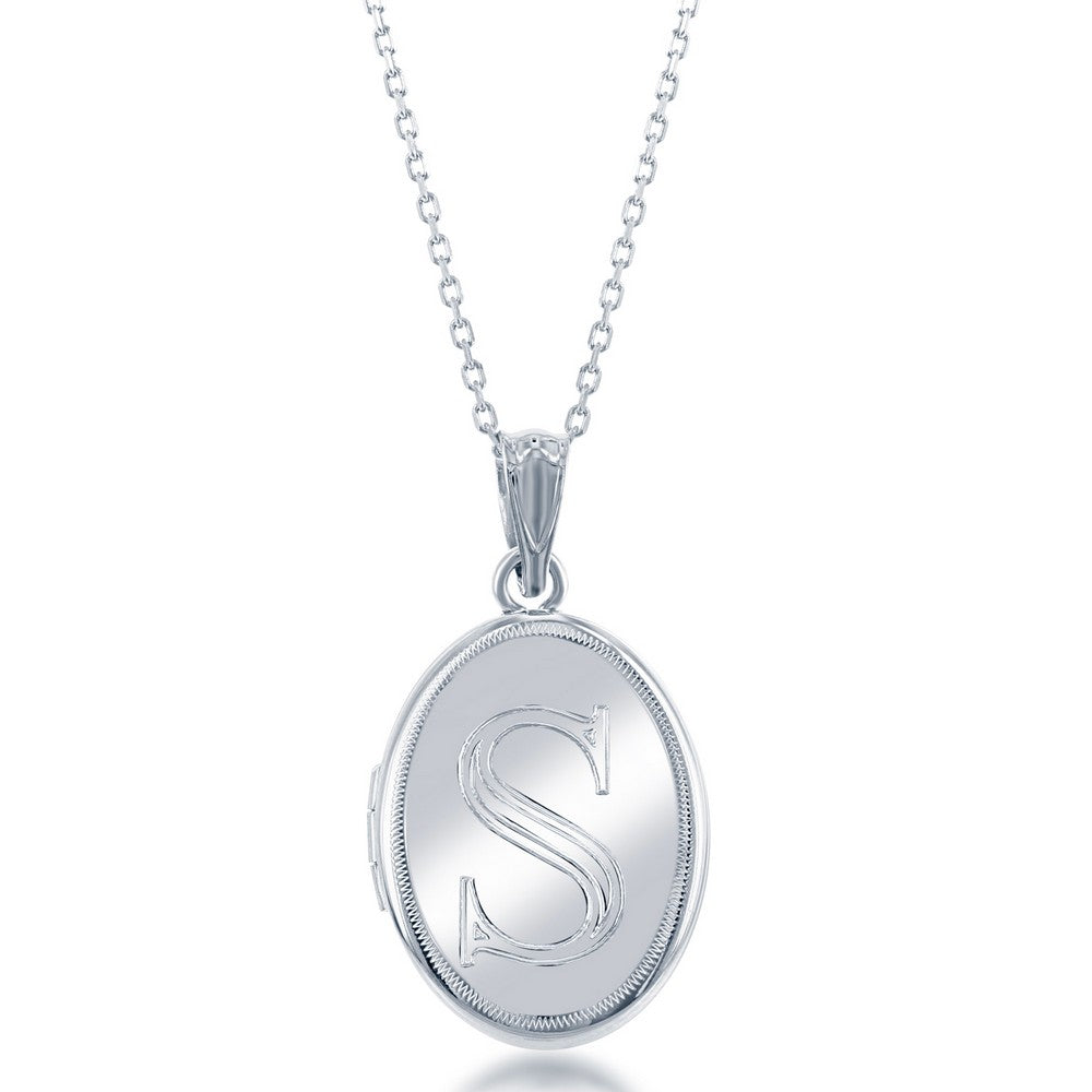 Sterling Silver Shiny Oval with Center "S" Initial Locket W/Chain