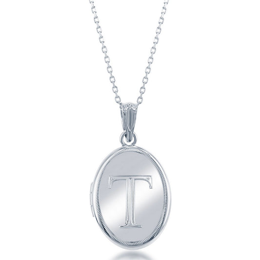 Sterling Silver Shiny Oval with Center "T" Initial Locket W/Chain