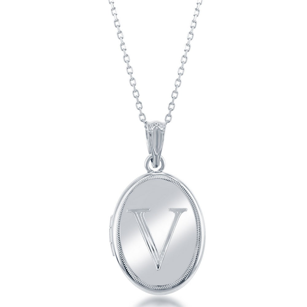 Sterling Silver Shiny Oval with Center "V" Initial Locket W/Chain