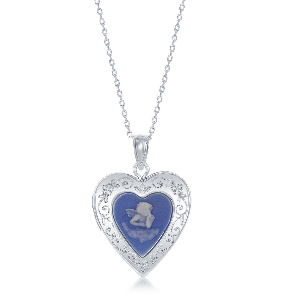 Sterling Silver, Blue Stone Angel Cameo Heart Locket W/chain