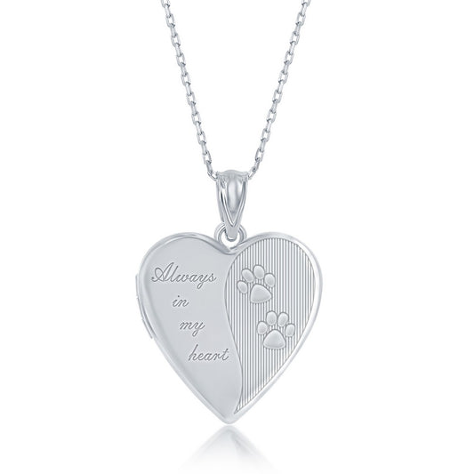 Sterling Silver, "Always in My Heart" Paw Print Heart Locket w/Chain