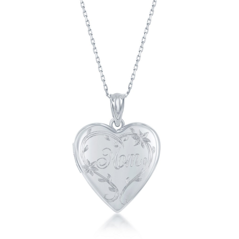 Sterling Silver Polished Designed 'Mom' Heart Locket W/chain