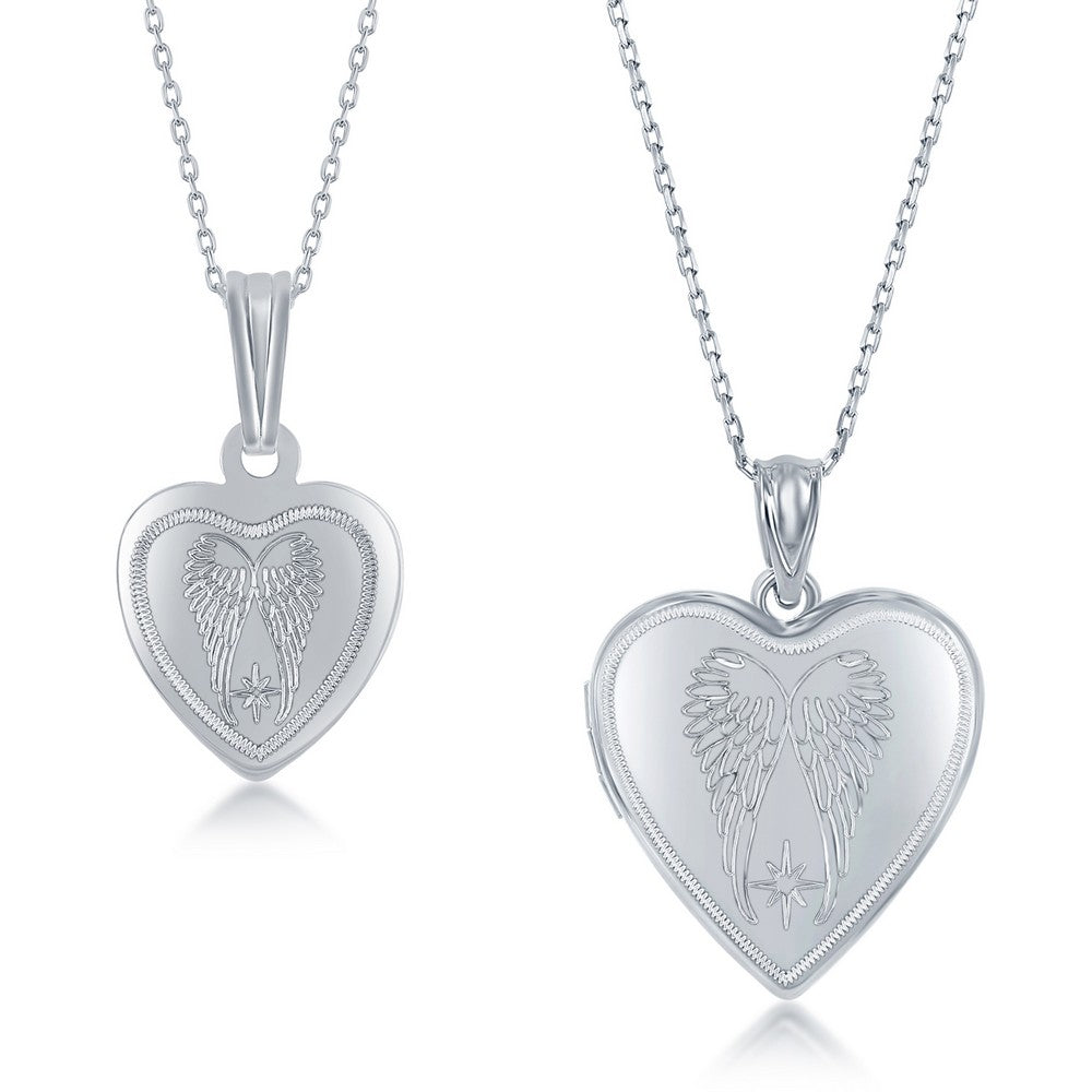 Sterling Silver 2PC Mother & Daughter Set, Heart Pendant + Locket - Angel Wings