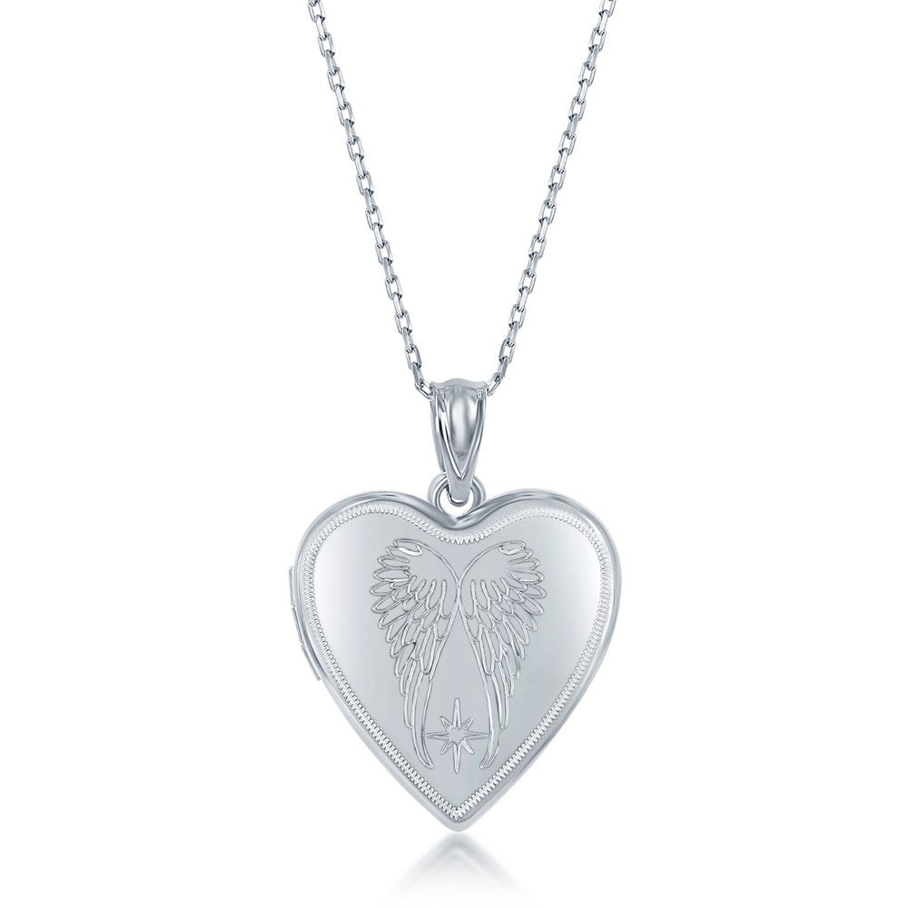 Sterling Silver 2PC Mother & Daughter Set, Heart Pendant + Locket - Angel Wings