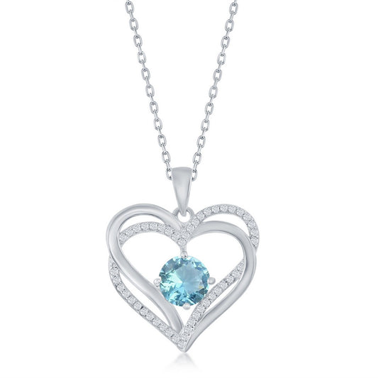 Sterling Silver, Double Heart "March" Birthstone CZ Pendant w/Chain - Aqua CZ