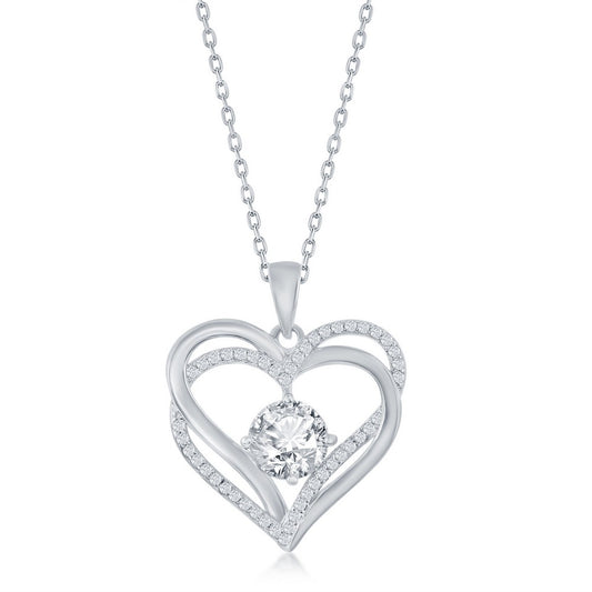 Sterling Silver, Double Heart "April" Birthstone CZ Pendant w/Chain - White CZ