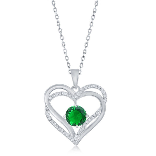 Sterling Silver, Double Heart "May" Birthstone CZ Pendant w/Chain - Emerald CZ