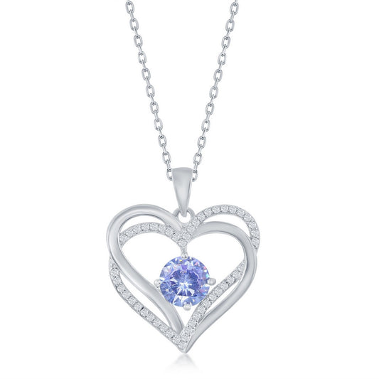 Sterling Silver, Double Heart "June" Birthstone CZ Pendant w/Chain - Lavander CZ
