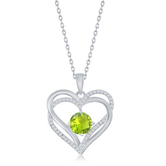 Sterling Silver, Double Heart "August" Birthstone CZ Pendant w/Chain - Peridot CZ