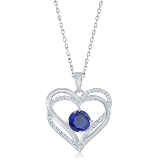 Sterling Silver, Double Heart "September" Birthstone CZ Pendant w/Chain - Sapphire CZ