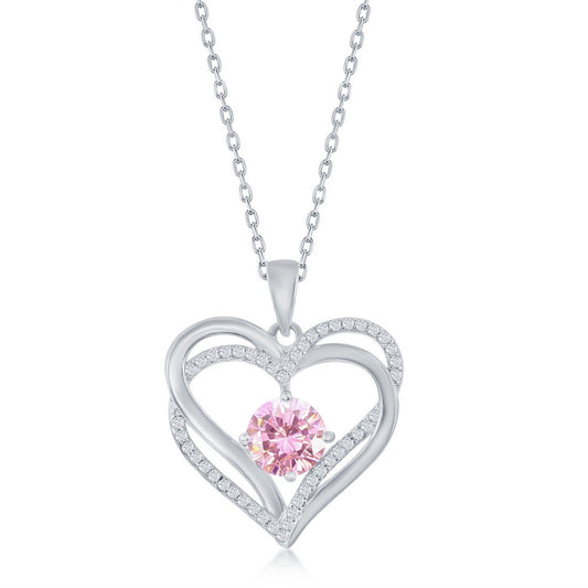 Sterling Silver, Double Heart "October" Birthstone CZ Pendant w/Chain  - Pink CZ