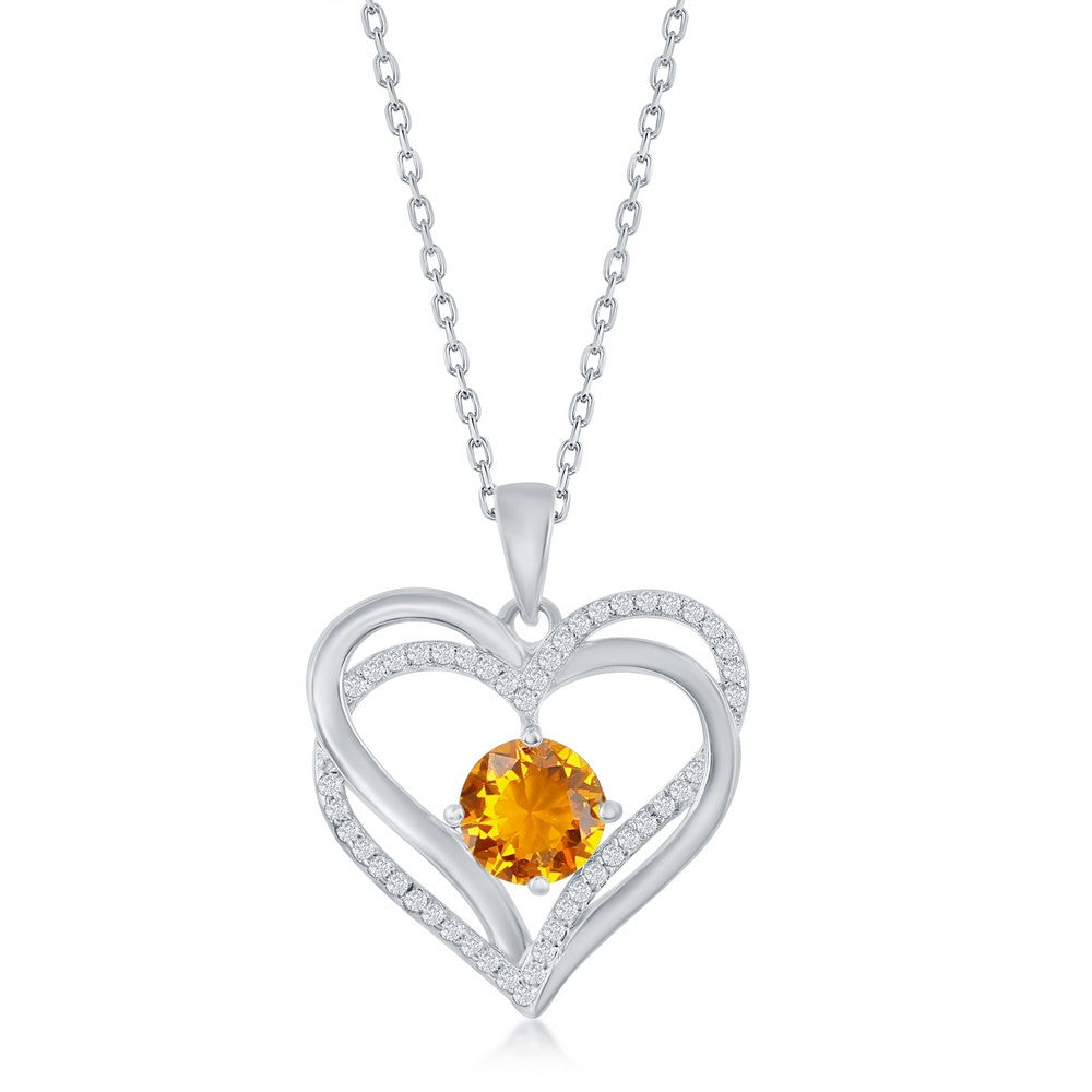 Sterling Silver, Double Heart "November" Birthstone CZ Pendant w/Chain - Citrine CZ