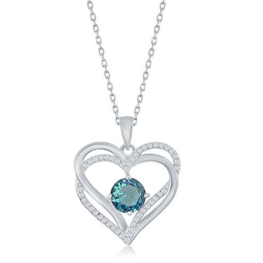 Sterling Silver, Double Heart "December" Birthstone CZ Pendant w/Chain - Blue CZ