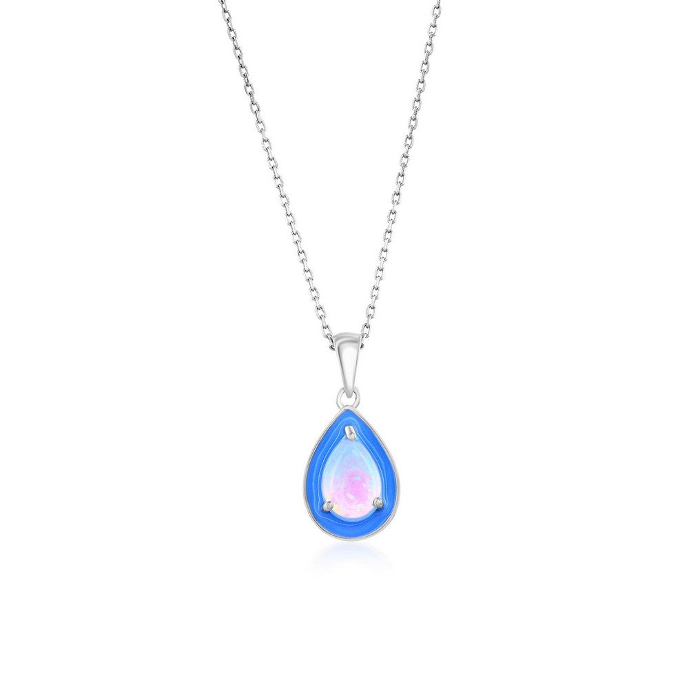 Sterling Silver, White Opal & Blue Enamel Pearshaped Pendant