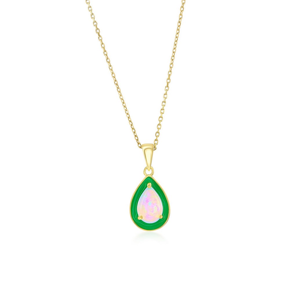 Sterling Silver, White Opal & Green Enamel Pearshaped Pendant - Gold Plated