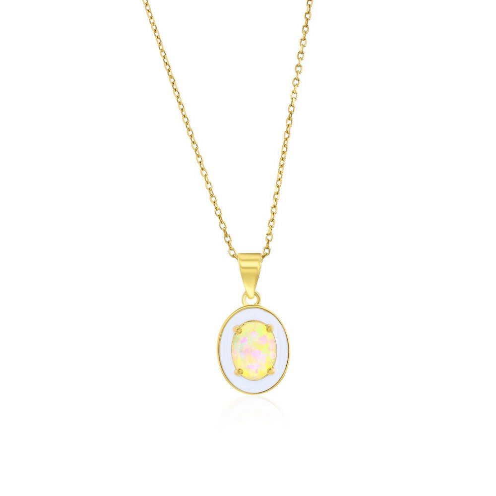 Sterling Silver, White Opal & Enamel Oval Pendant - Gold Plated