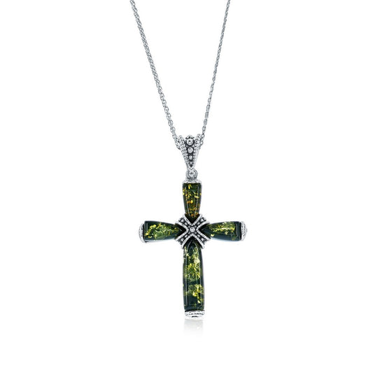 Sterling Silver, Green Amber Cross Pendant