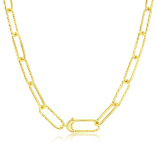 Sterling Silver, Alternating Rope Design & Polished Paperclip Necklace - Gold Plated