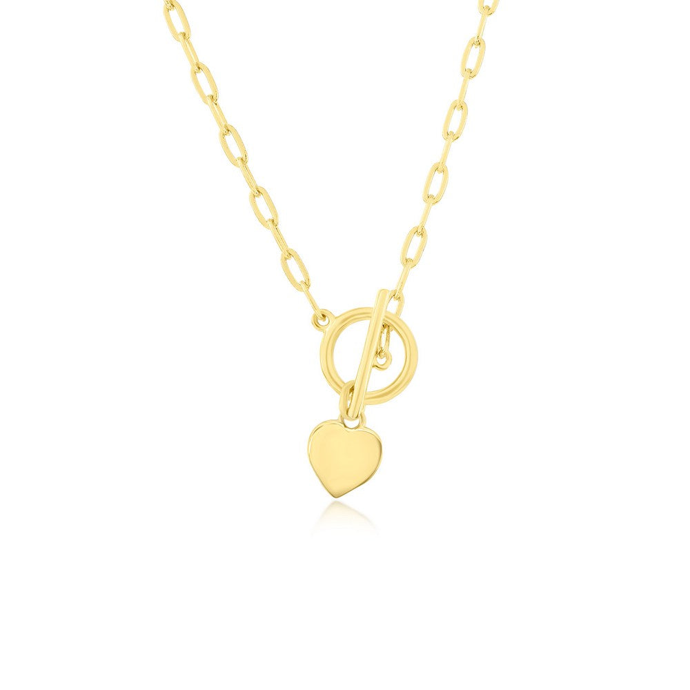 Sterling Silver Heart Charm Paperclip Toggle Necklace - Gold Plated