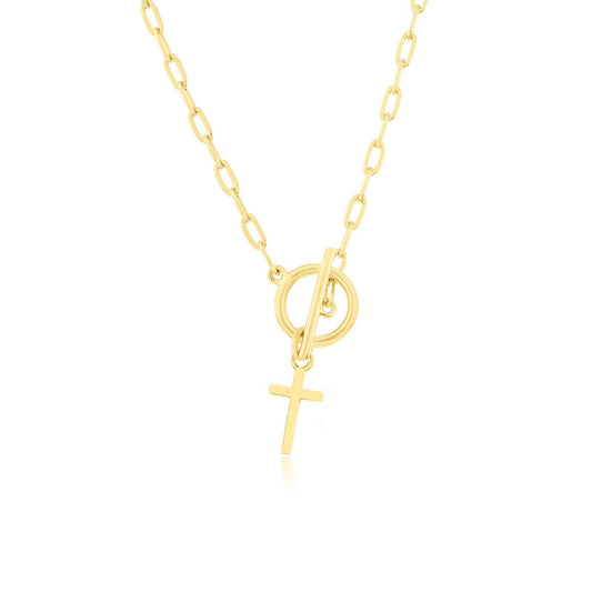 Sterling Silver, Cross Charm Paperclip Toggle Necklace - Gold Plated