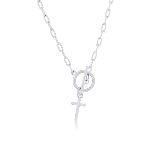 Sterling Silver, Cross Charm Paperclip Toggle Necklace