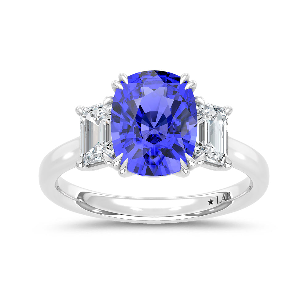 14K White Gold Lab Grown Diamond 4 CT Cushion Shape Recrystalized Blue Sapphire Engagement Ring (Center 3 ct)