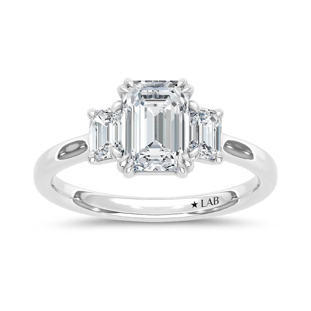 14K White Gold Lab Grown Diamond 2 CT Emerald Cut Three Stone Engagement Ring