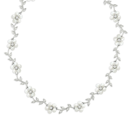 Sterling Silver, Alternating White FWP Flowers & Clear CZ Leaves On Branch Necklace