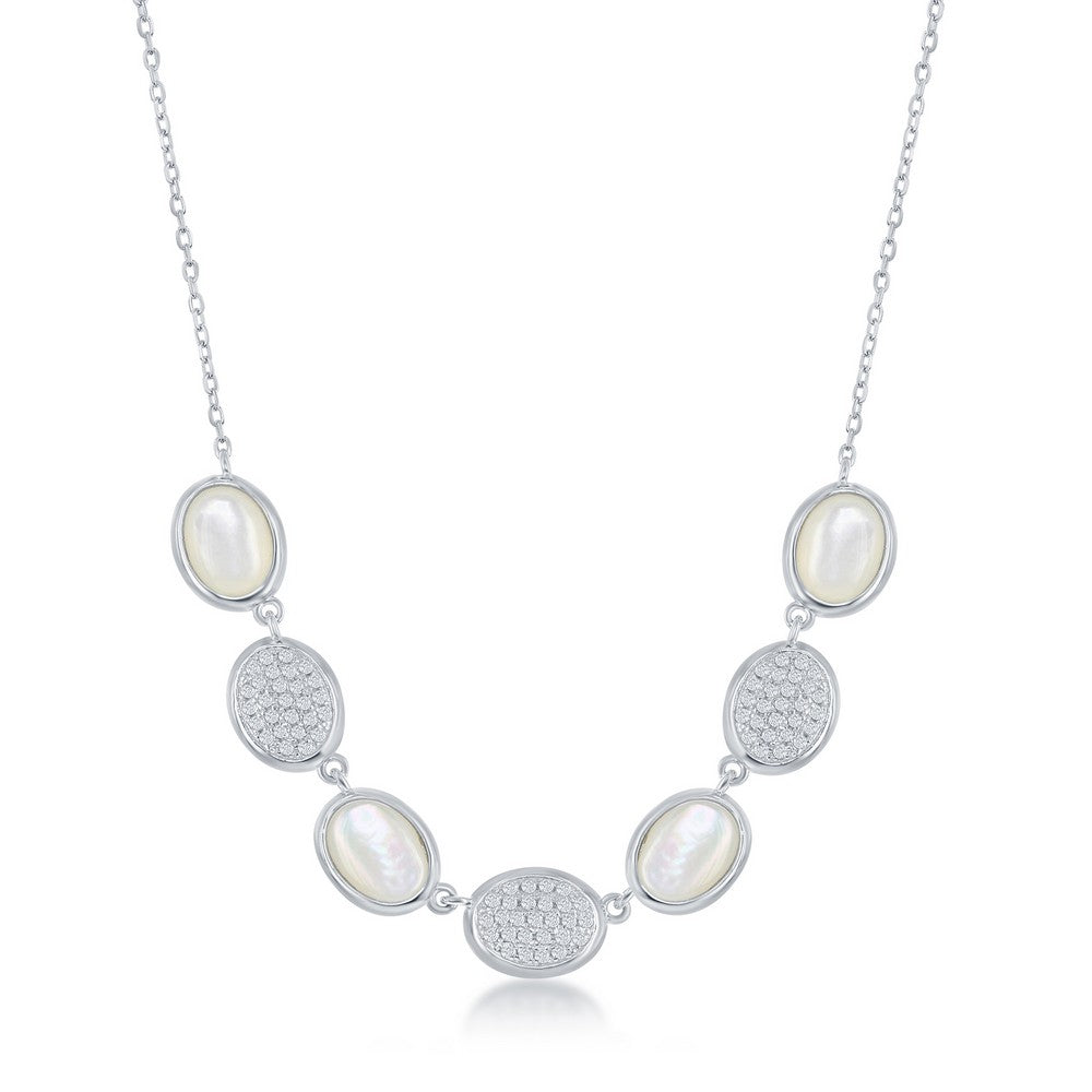 Sterling Silver Alternating Oval Micro Pave and Mother of Pearl Necklace