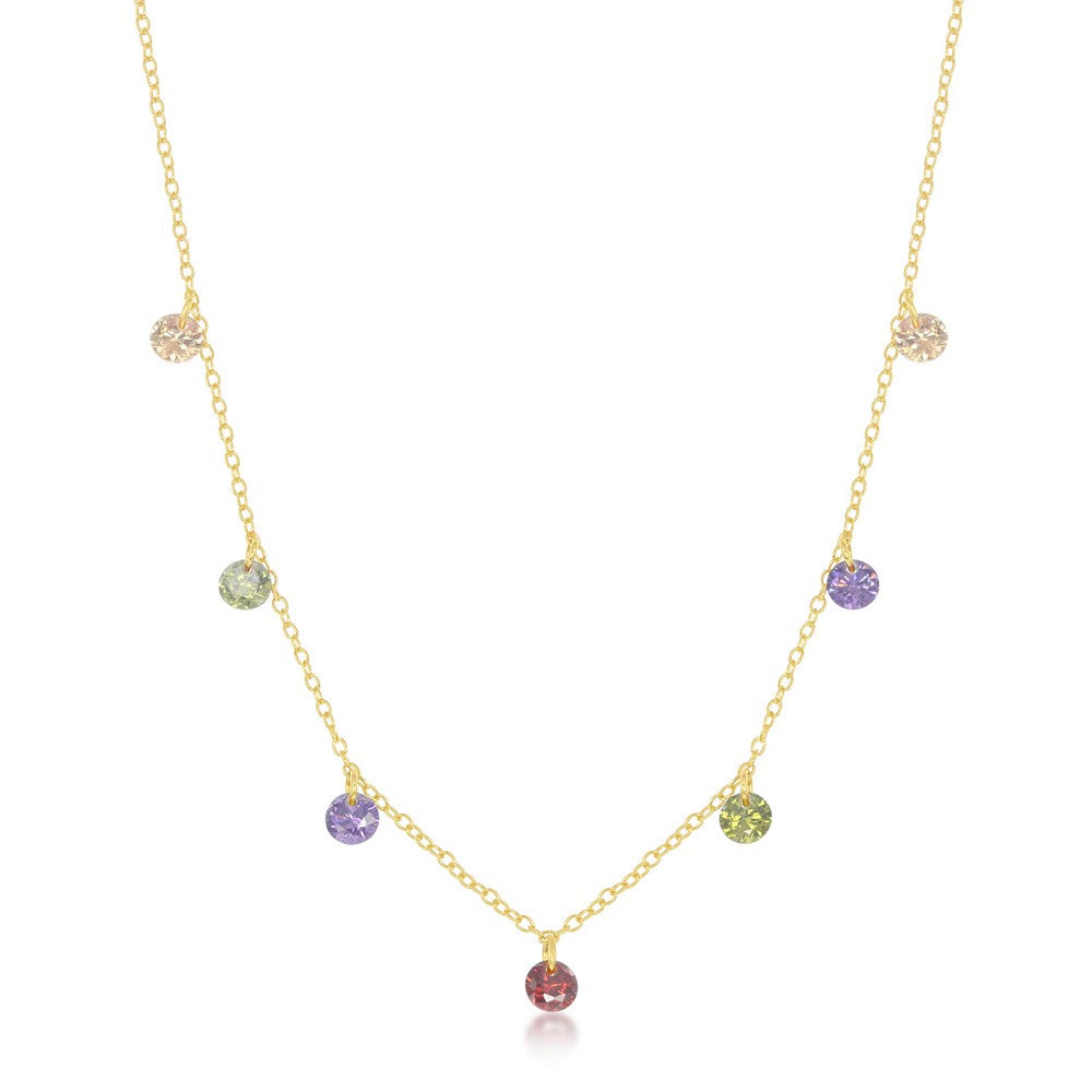 Sterling Silver, Dangling Rainbow CZ Necklace - Gold Plated