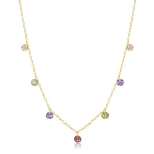 Sterling Silver, Dangling Rainbow CZ Necklace - Gold Plated