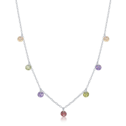 Sterling Silver, Dangling Rainbow CZ Necklace