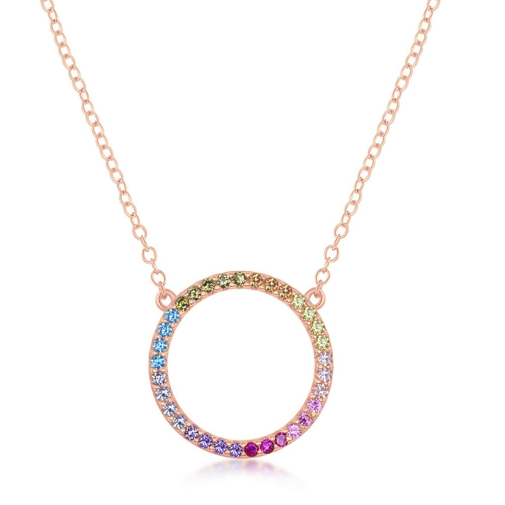 Sterling Silver, Rainbow CZ Circle of Life Necklace - Rose Gold Plated
