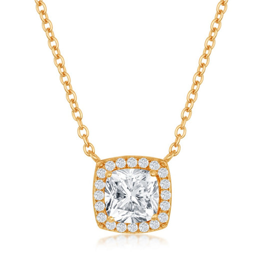 Sterling Silver, Cushion-Cut with CZ Border Necklace - Gold Plated