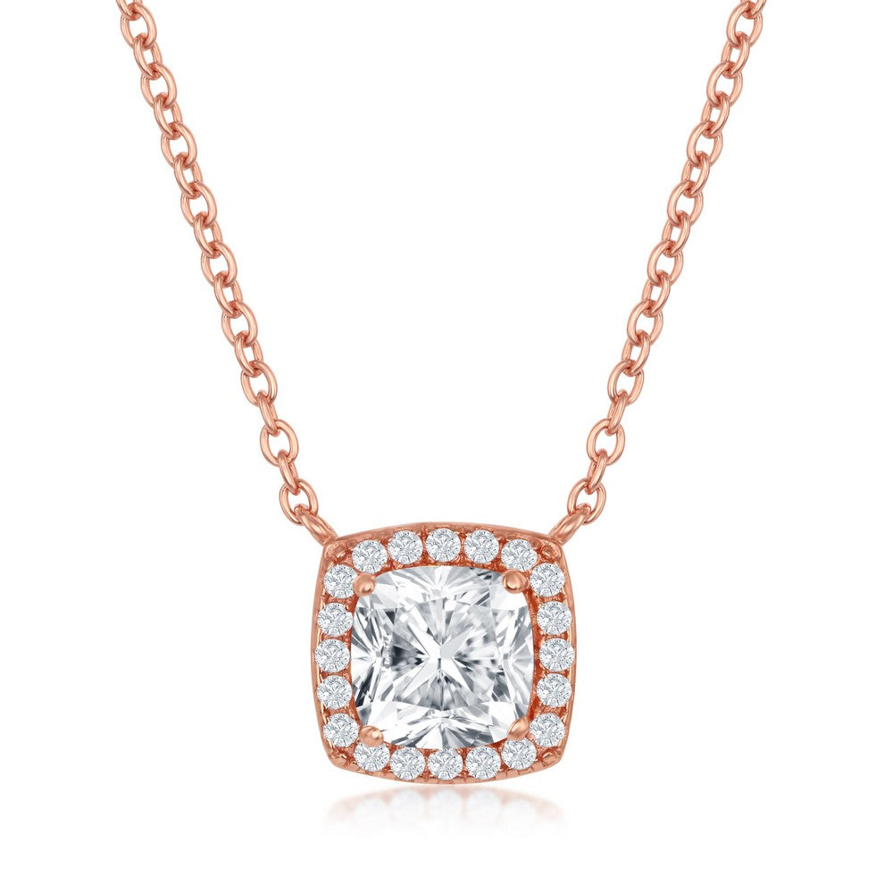 Sterling Silver, Cushion-Cut with CZ Border Necklace - Rose Gold Plated