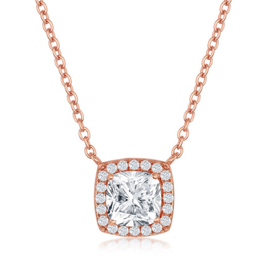Sterling Silver, Cushion-Cut with CZ Border Necklace - Rose Gold Plated