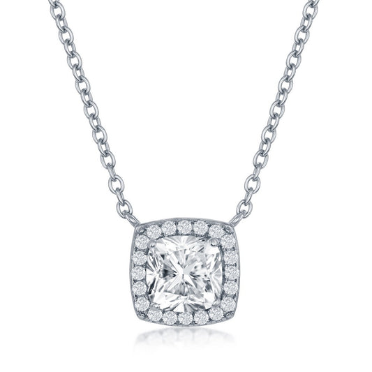 Sterling Silver, Cushion-Cut with CZ Border Necklace