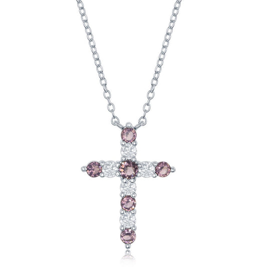 Sterling Silver, Amethyst CZ 'Febraury Birthstone' Cross Necklace